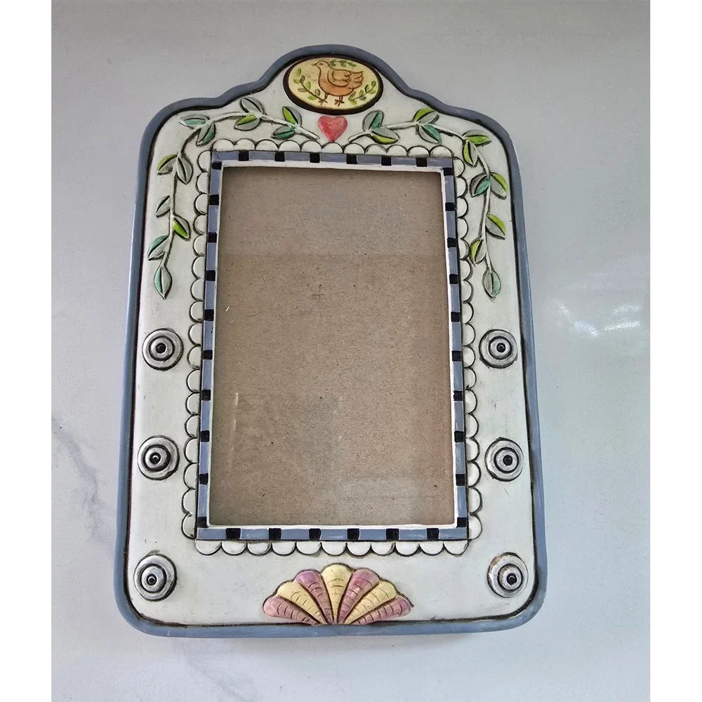Transland Vintage Folk Art Bird and Heart Resin Picture Frame Blue‎ Cream 4x6